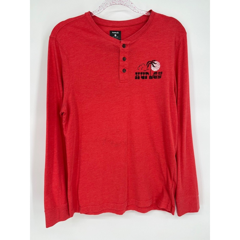 Hurley Graphic Long Sleeve Henley T-Shirt Palm Tree‎ Red Size S